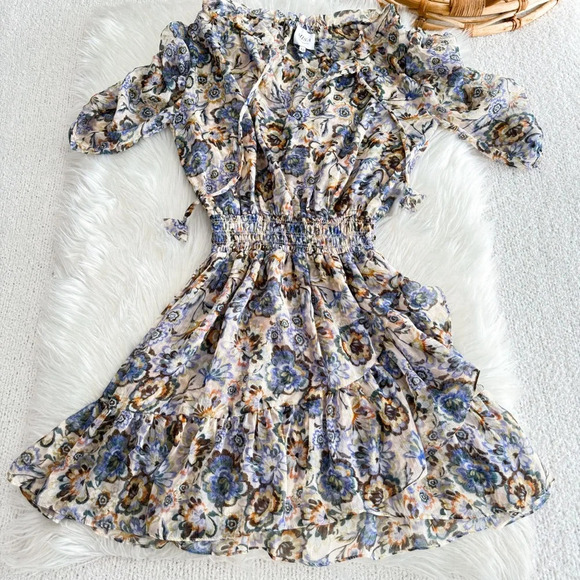 Misa Las Angles Kayla Mini Dress Sketched Floral Smocked Tie Neck - Picture 10 of 16